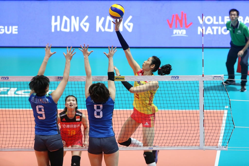 Zhu Ting tries to score against Japanese players Haruyo Shimamura and Mami Uchiseto at the 2018 FIVB Volleyball Nations League in Hong Kong’s Coliseum in Hung Hom. Photo: Felix Wong Zhu Ting tries to score against Japanese players Haruyo Shimamura and Mami Uchiseto at the 2018 FIVB Volleyball Nations League in Hong Kong’s Coliseum in Hung Hom. Photo: Felix Wong