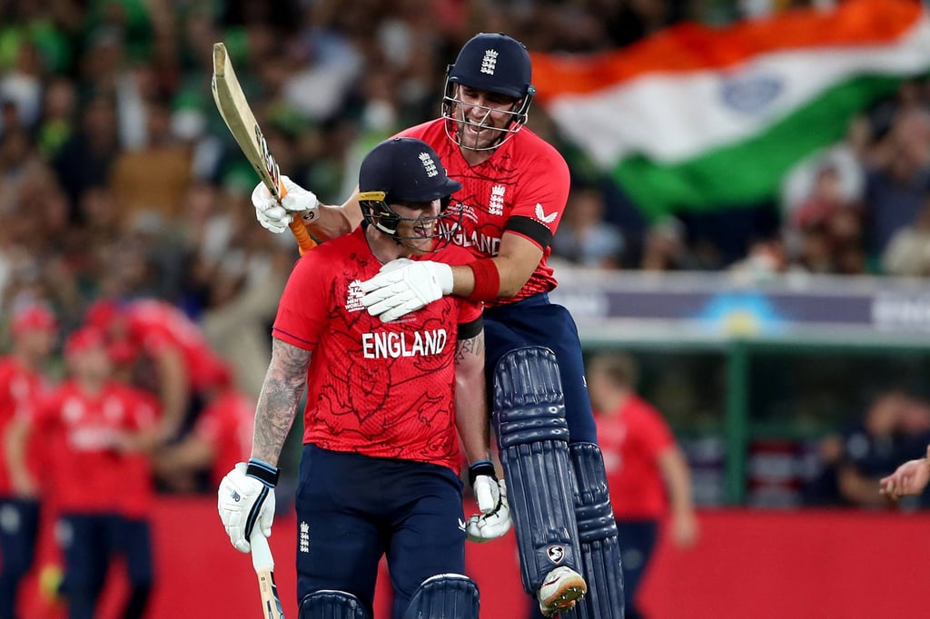 Ben Stokes (left) and Liam Livingstone celebrate their win in the ICC men’s Twenty20 World Cup at the Melbourne Cricket Ground. Photo: AFP