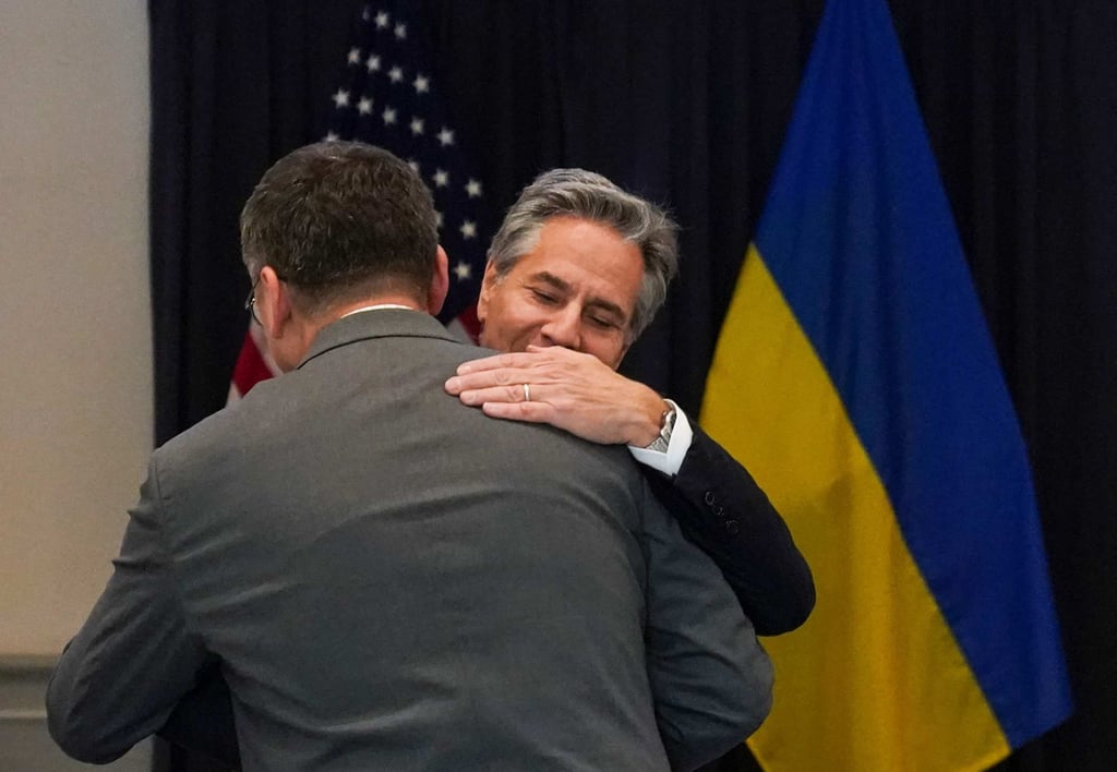 US Secretary of State Antony Blinken, right, hugs Ukraine’s Foreign Minister Dmytro Kuleba on the sidelines of the Asean Summit in Phnom Penh, Cambodia on Saturday. Photo: AFP