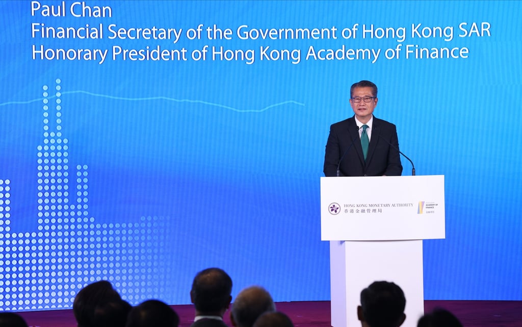 Financial Secretary Paul Chan Mo-po delivers the opening speech during the Conversations with Global Investors session of the Global Financial Leaders’ Investment Summit at the HKEX Connect Hall, One and Two Exchange Square, in Central on November 3, 2022. Photo: SCMP/ K. Y. Cheng
