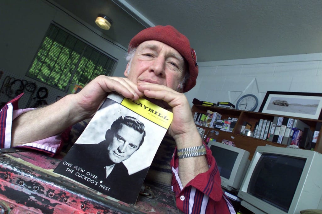 Author Ken Kesey holds an original playbill from the 1963 production starring Kirk Douglas of the play based on Kesey’s novel, One Flew Over the Cuckoo’s Nest, in his Pleasant Hill, Oregon office, in 2001. Photo: AP Author Ken Kesey holds an original playbill from the 1963 production starring Kirk Douglas of the play based on Kesey’s novel, One Flew Over the Cuckoo’s Nest, in his Pleasant Hill, Oregon office, in 2001. Photo: AP