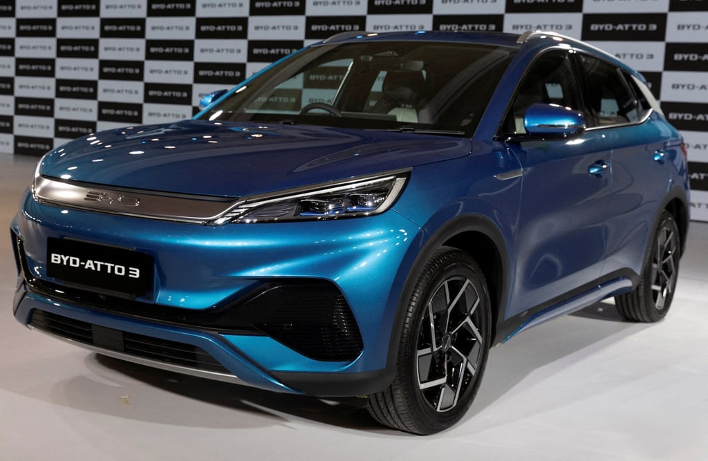 BYD’s Atto 3 electric SUV car is displayed during its launch in New Delhi, India, on October 11, 2022. Photo: Reuters