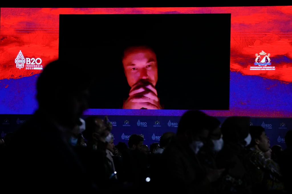 Elon Musk talks during a virtual meeting at the B20 summit ahead of the G20 summit in Nusa Dua, Bali, Indonesia on Monday. Photo: AP Elon Musk talks during a virtual meeting at the B20 summit ahead of the G20 summit in Nusa Dua, Bali, Indonesia on Monday. Photo: AP