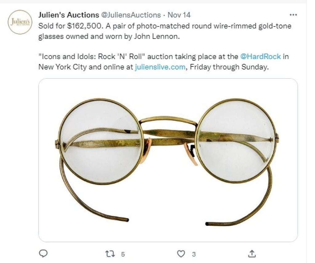 A pair of photo-matched round wire-rimmed gold-tone glasses owned and worn by John Lennon. Photo: @JuliensAuctions/ Twitter A pair of photo-matched round wire-rimmed gold-tone glasses owned and worn by John Lennon. Photo: @JuliensAuctions/ Twitter