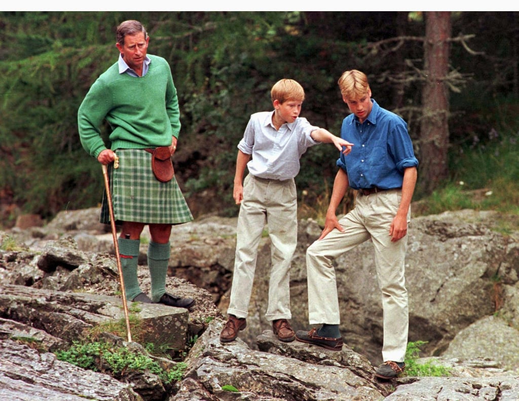 Prince Charles stands with his sons Princes William and Harry on the banks of the river Muick near Ballater, in 1997. Photo: Reuters