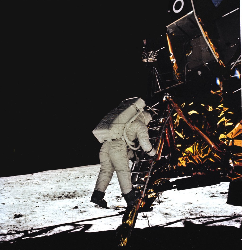 Apollo 11 astronaut Buzz Aldrin takes his first step onto the moon’s surface on July 20, 1969.