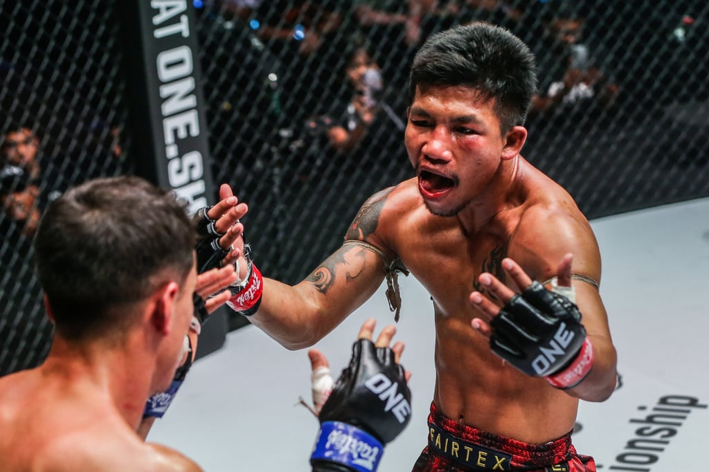 Rodtang Jitmuangnon taunts Joseph Lasiri in their flyweight Muay Thai title fight at ONE on Prime Video 4.