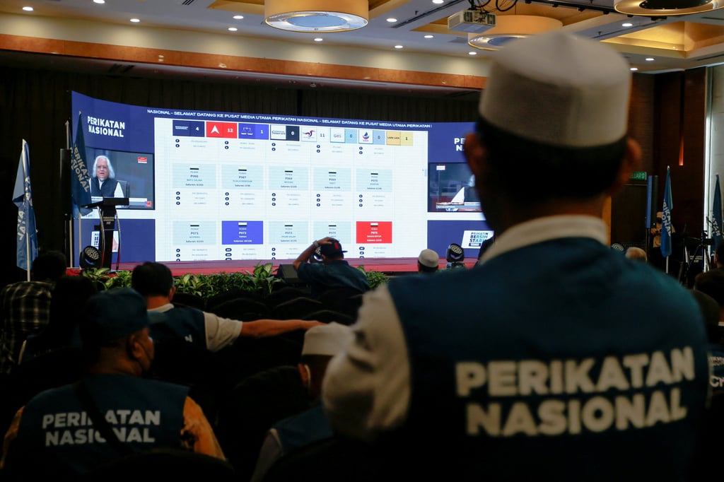 Supporters of Perikatan Nasional watch a video stream for live results of Malaysia’s 15th general election at a hotel in Shah Alam. Photo: Reuters