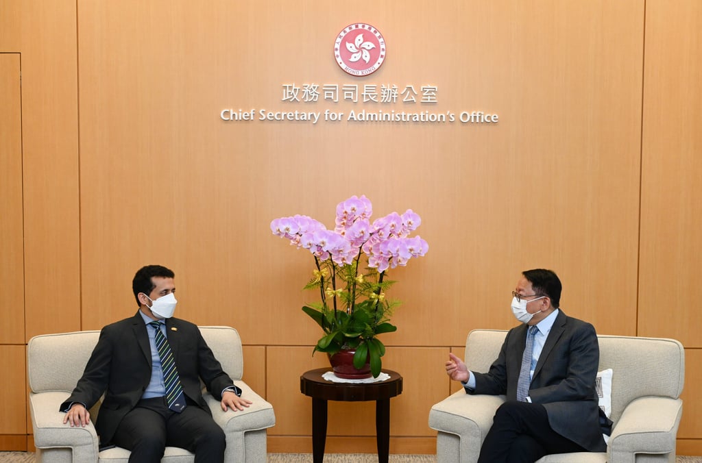 Chief Secretary Eric Chan (right) meets Qais Abdulla al-Dhalai, president of Asia Rugby. Photo: Handout