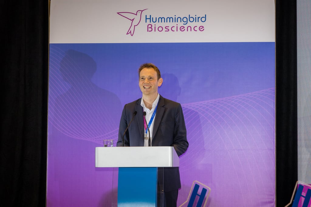 Piers Ingram, CEO of Hummingbird Bioscience, speaks during the opening of the company’s office and research facilities at Singapore Science Park in September 2022.