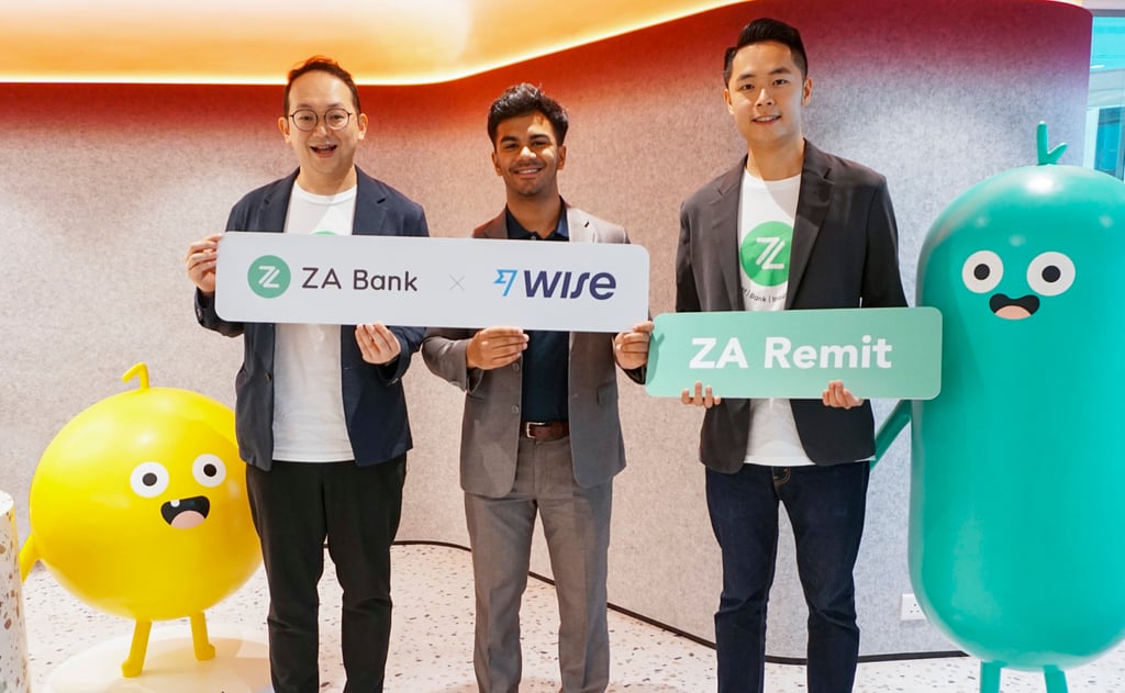 Calvin Ng (from left), alternate chief executive and co-head of retail banking at ZA Bank, Vinay Palathinkal, regional head of Wise and James Chan, director of retail banking at ZA Bank. Photo: Handout Calvin Ng (from left), alternate chief executive and co-head of retail banking at ZA Bank, Vinay Palathinkal, regional head of Wise and James Chan, director of retail banking at ZA Bank. Photo: Handout