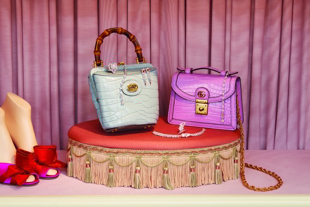 Flora ring, in 18k white gold and diamonds; Flora bracelet x2, both in 18k white gold and diamonds; Flora earrings, in 18k white gold with fire opals and diamonds; Flora ring, in 18k white gold with pink sapphires and diamonds; Flora bracelet, in 18k white gold with aquamarines and diamonds.