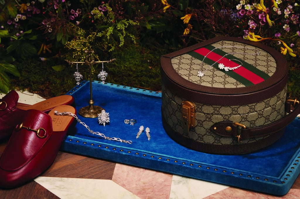 Flora mono earrings; Flora necklace; Flora bracelet; Flora ring x2; Flora earrings. All in 18k white gold with diamonds. Flora earrings; in 18k white gold with double G.