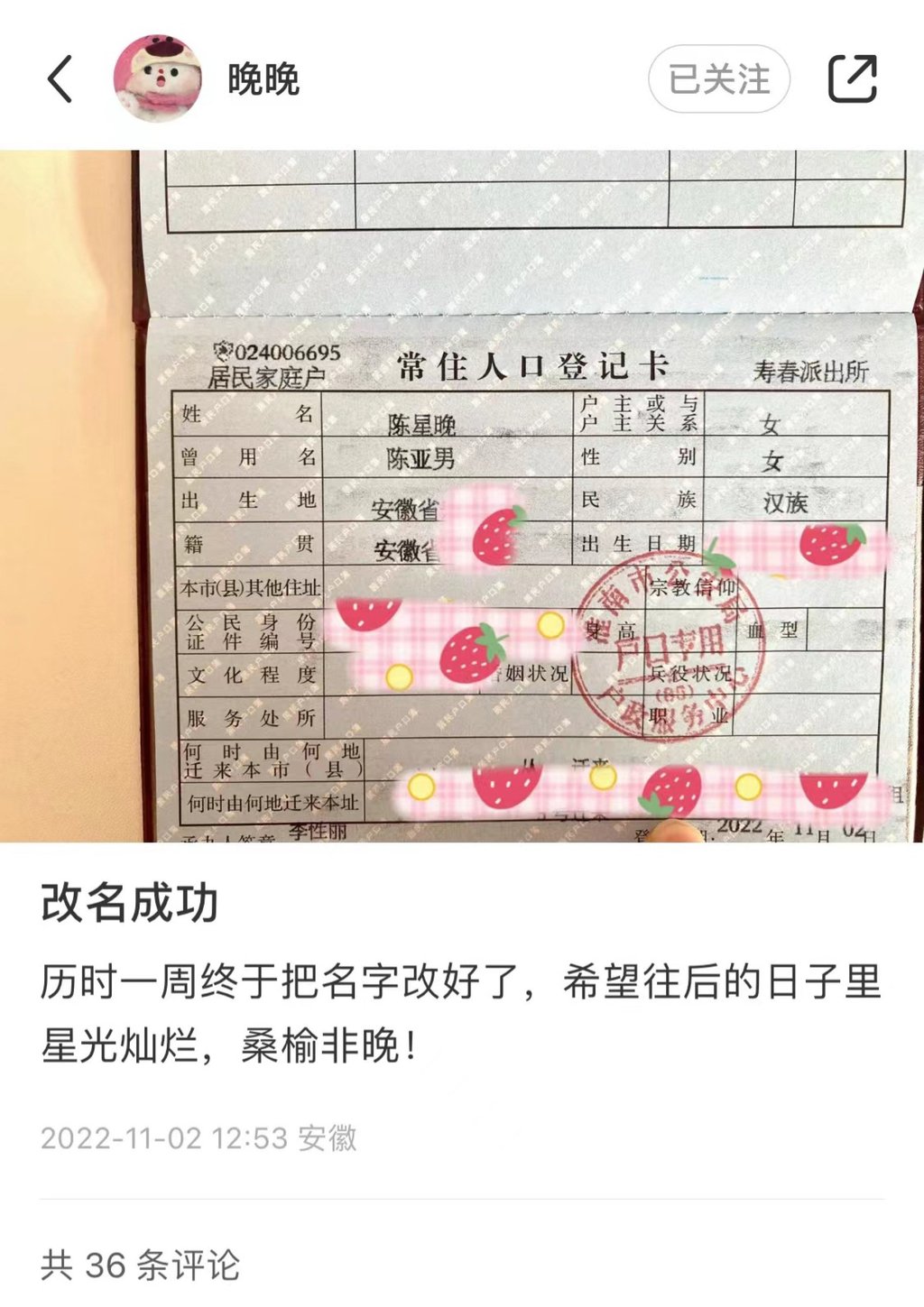 An official Chinese government document detailing Chen’s legal name change. Photo: Handout An official Chinese government document detailing Chen’s legal name change. Photo: Handout