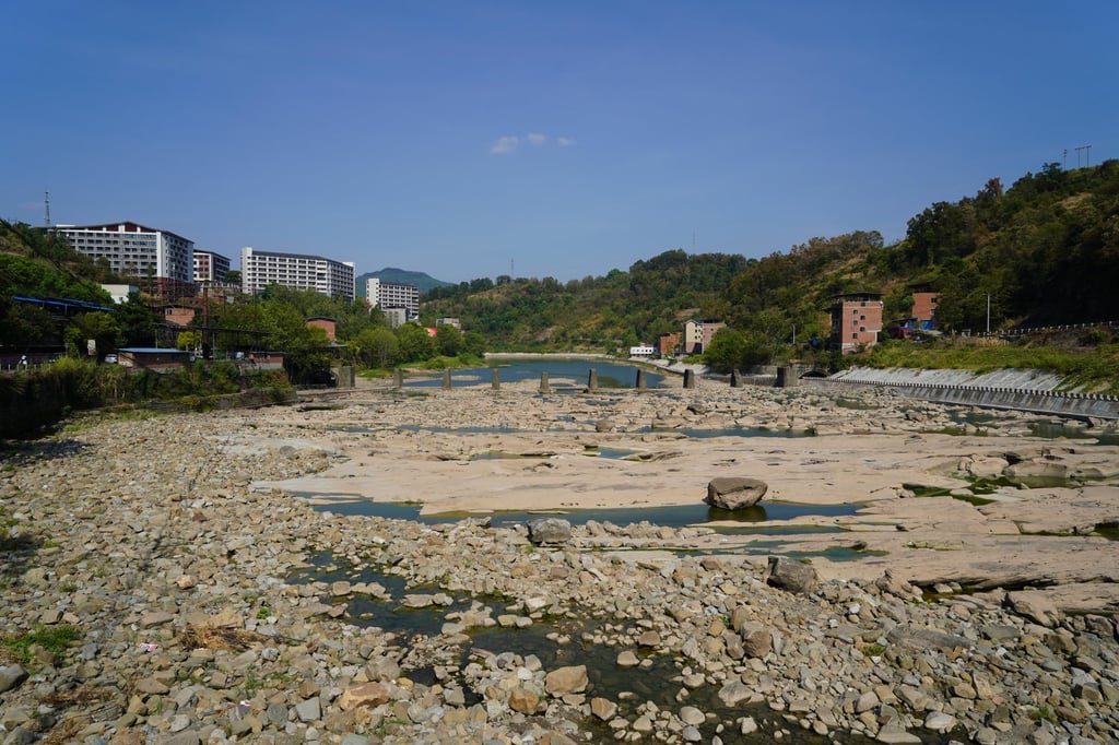 The Zhou river in Dazhou, Sichuan province, pictured on August 24, 2022, dried up due to heatwave and drought conditions. Photo: SCMP / Tom Wang The Zhou river in Dazhou, Sichuan province, pictured on August 24, 2022, dried up due to heatwave and drought conditions. Photo: SCMP / Tom Wang