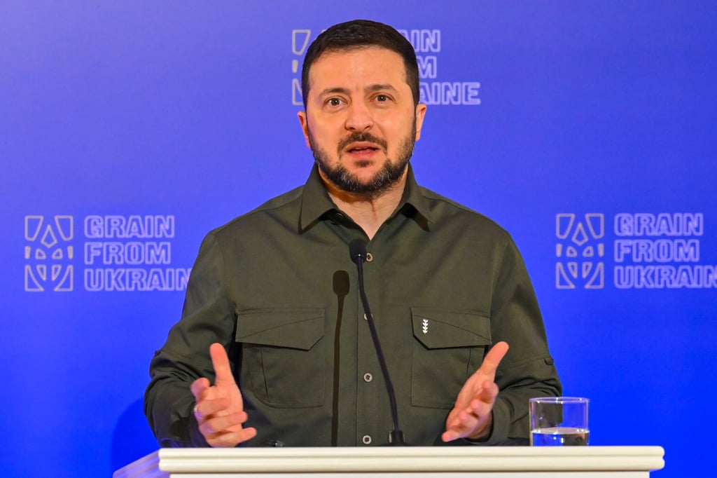 Ukrainian President Volodymyr Zelensky speaks following the launch of the ‘Grain from Ukraine’ humanitarian programme in Kyiv on Saturday. Photo: BELGA / dpa