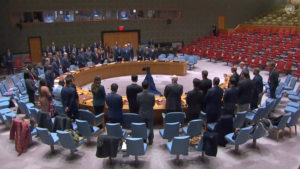 Delegates to the United Nations Security Council rise to observe a minute of silence for Jiang Zemin on Wednesday in New York. Delegates to the United Nations Security Council rise to observe a minute of silence for Jiang Zemin on Wednesday in New York.