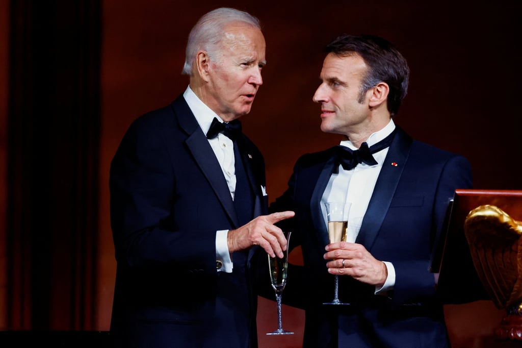 US President Joe Biden and French President Emmanuel Macron make a toast during a state dinner at the White House on Thursday. Photo: Reuters. US President Joe Biden and French President Emmanuel Macron make a toast during a state dinner at the White House on Thursday. Photo: Reuters.
