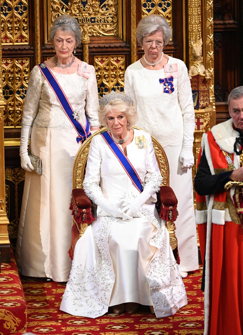 Britain’s then Camilla, Duchess of Cornwall, centre, and Lady Susan Hussey, left, attend the State Opening of Parliament in the Houses of Parliament in London in October 2019. Photo: Getty Images