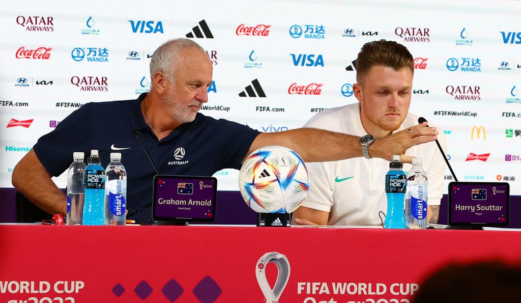 Australia coach Graham Arnold and Harry Souttar during Friday’s press conference. Photo: Reuters
