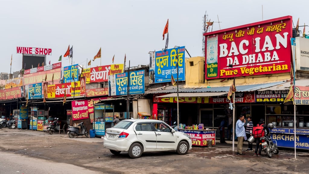 A dhaba in Ambala, India, advertises its vegetarian food. Dhabas on religious pilgrimage routes often serve vegetarian fare. Photo: Shutterstock A dhaba in Ambala, India, advertises its vegetarian food. Dhabas on religious pilgrimage routes often serve vegetarian fare. Photo: Shutterstock