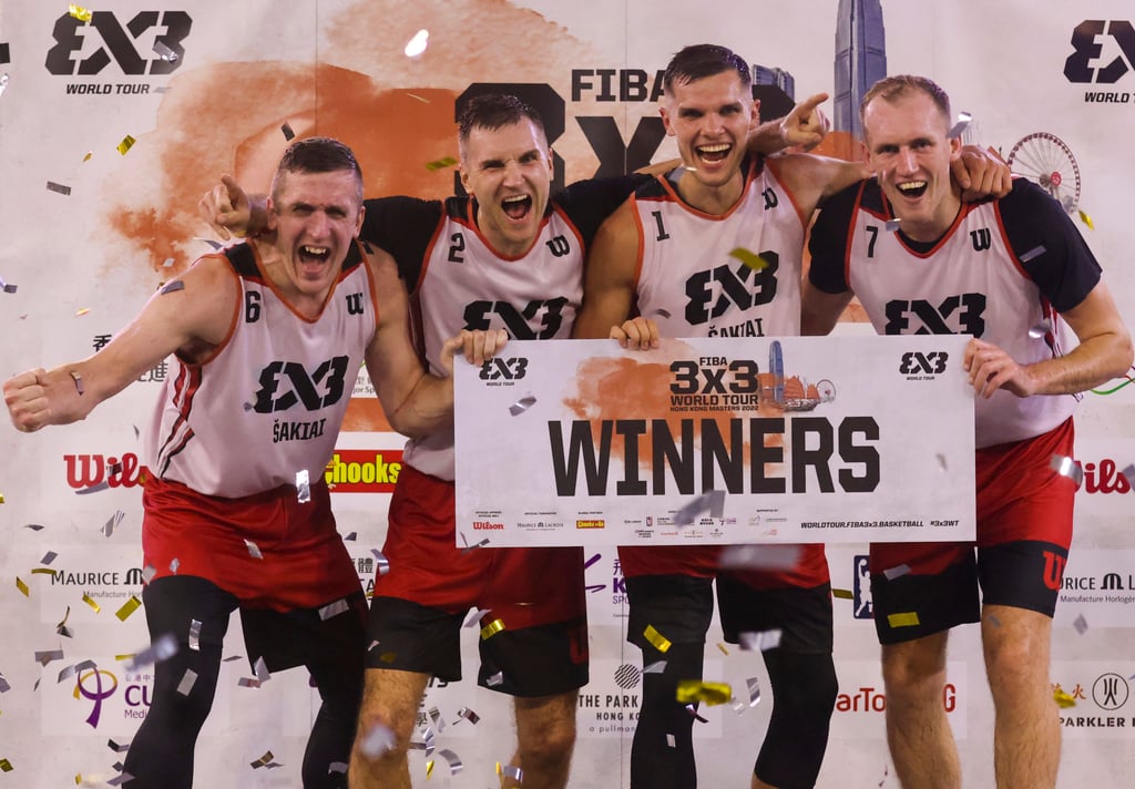 Lithuanian side Sakiai Gulbele celebrate winning the FIBA 3x3 World Tour Hong Kong Masters. Photo: Jonathan Wong