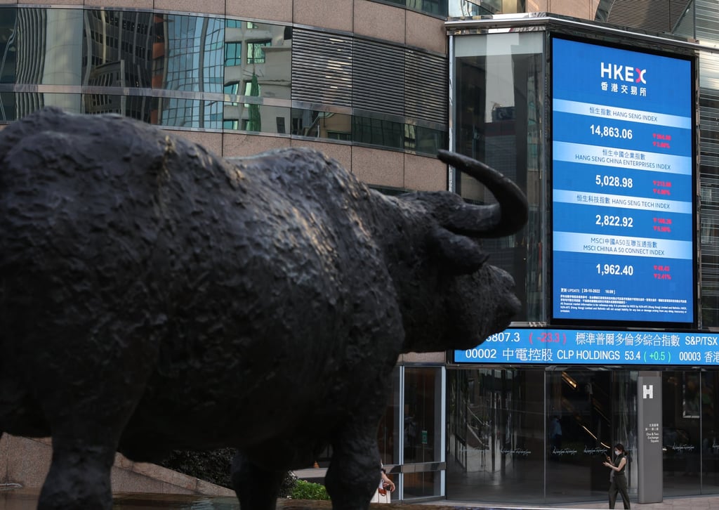 A bull sculpture looks over the plaza outside Exchange Square, the home of bourse operator Hong Kong Exchanges and Clearing, in Central, Hong Kong, on October 22, 2022. The exchange saw 19 per cent fewer IPOs in 2022 than in 2021. Photo: Yik Yeung-man