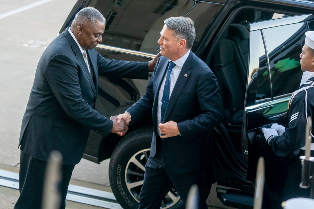 US Defence Secretary Lloyd Austin (left) greets Australian Deputy Prime Minister and Defence Minister Richard Marles at the Pentagon in Virginia on Monday. The US and Australia are close allies historically. Photo: EPA-EFE