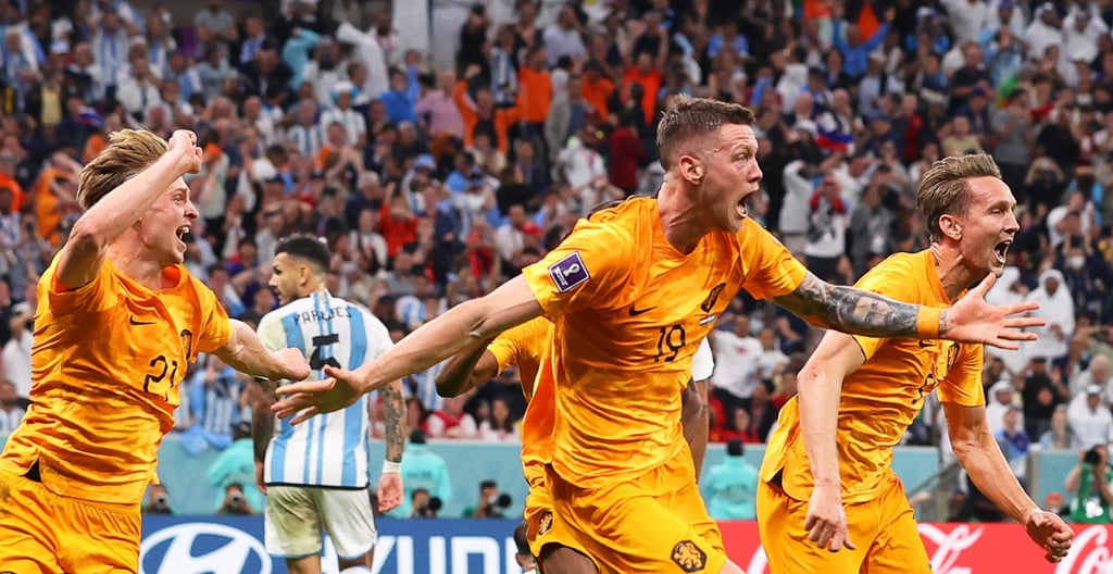 Wout Weghorst (centre) of the Netherlands celebrates after scoring the equaliser during the World Cup quarter-final against Argentina at Lusail Stadium on Friday. Photo: EPA-EFE Wout Weghorst (centre) of the Netherlands celebrates after scoring the equaliser during the World Cup quarter-final against Argentina at Lusail Stadium on Friday. Photo: EPA-EFE