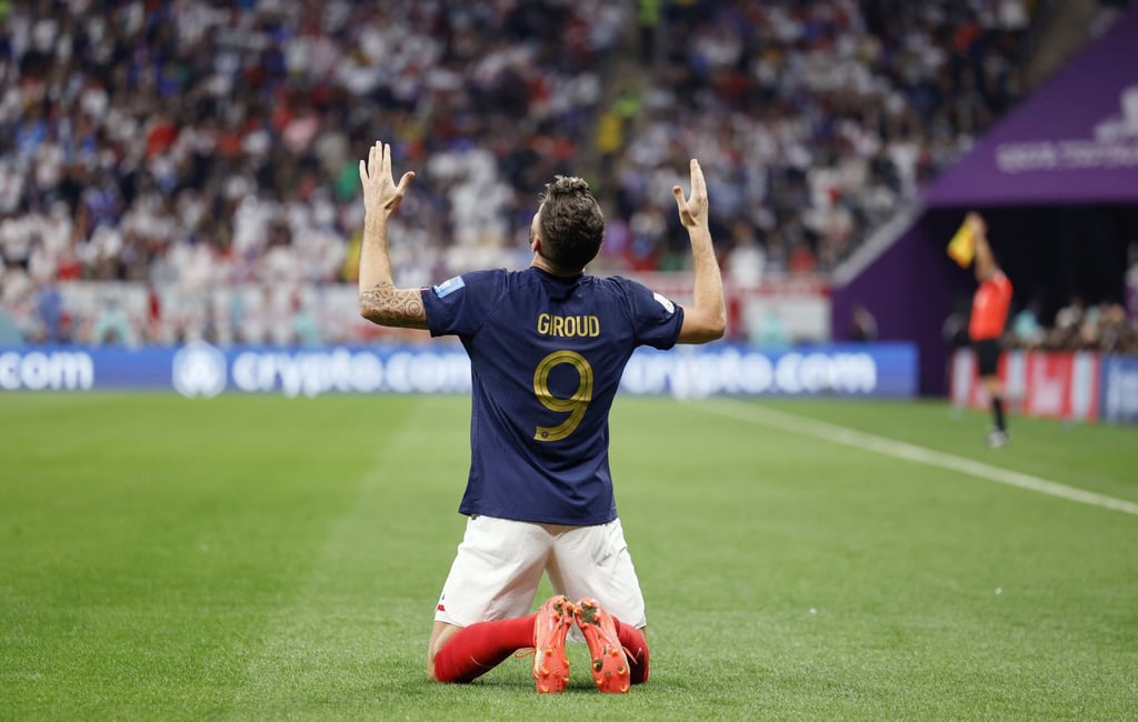 Olivier Giroud of France celebrates after scoring a header in the second half of the World Cup quarter finals against England. Photo: Kyodo Olivier Giroud of France celebrates after scoring a header in the second half of the World Cup quarter finals against England. Photo: Kyodo