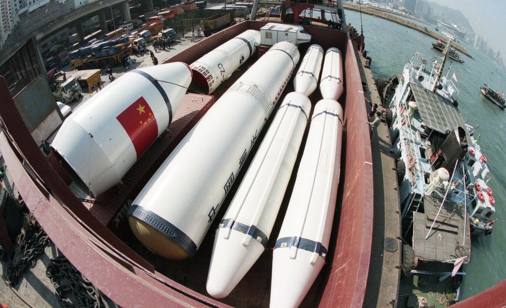 The Long March rocket from China’s space programme arrives by barge at North Point, Hong Kong, in 1996. Photo: David Wong