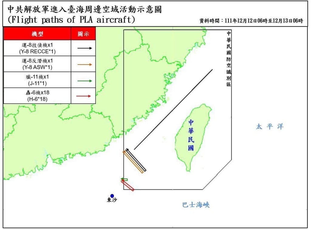 The latest PLA manoeuvres as detected by Taiwanese defence forces. Photo: Handout The latest PLA manoeuvres as detected by Taiwanese defence forces. Photo: Handout