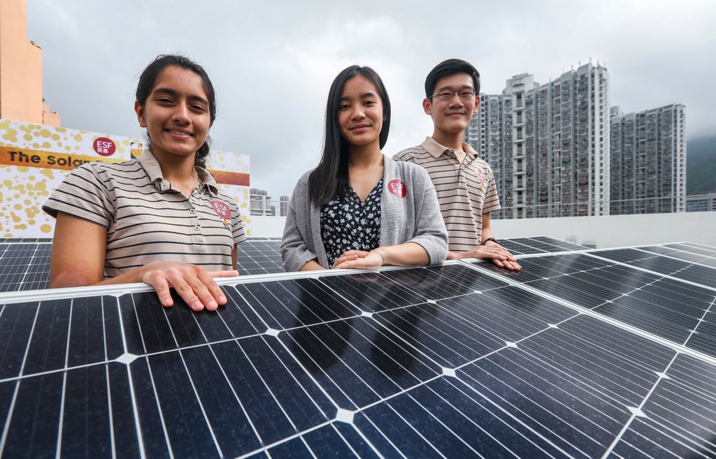 Renaissance College Hong Kong students Ankita Joshi, Jane Chan and Taylor Chung started a solar project in 2019, to produce electricity and connect to CLP’s power grid. Photo: Xiaomei Chen Renaissance College Hong Kong students Ankita Joshi, Jane Chan and Taylor Chung started a solar project in 2019, to produce electricity and connect to CLP’s power grid. Photo: Xiaomei Chen