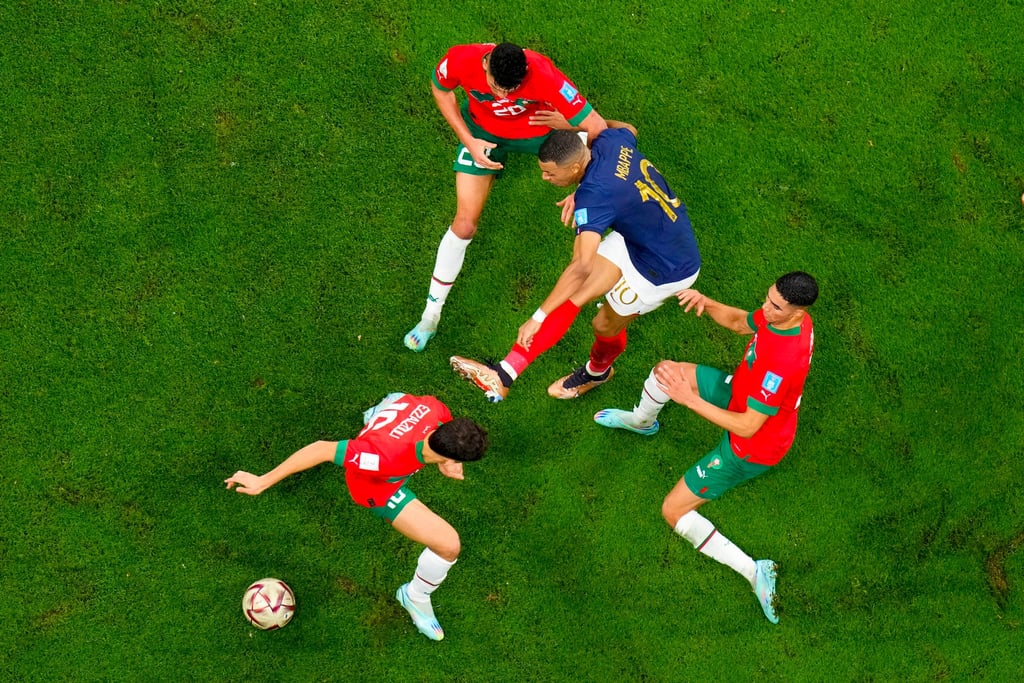 France’s Kylian Mbappe attempts a shot on goal at the Al Bayt Stadium on Wednesday. Photo: AP