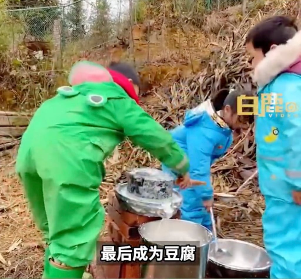 The children learn about tofu making from field to plate and, says Huang, ‘It’s a way of passing on cultural heritage and developing life skills’. Photo: Weibo. The children learn about tofu making from field to plate and, says Huang, ‘It’s a way of passing on cultural heritage and developing life skills’. Photo: Weibo.