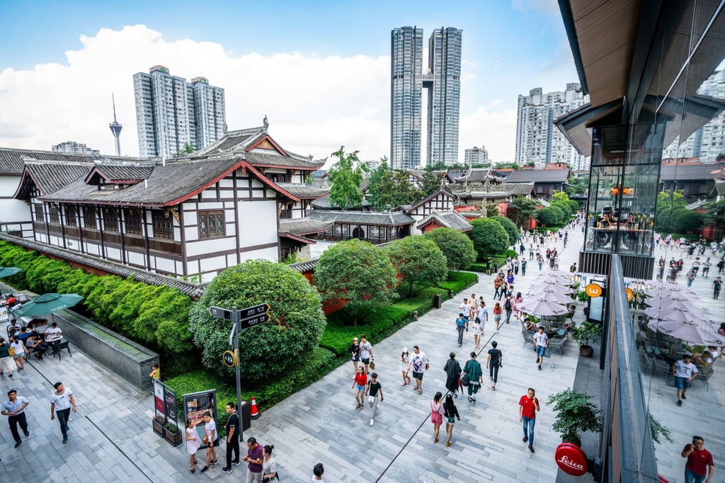Top view of Sino-Ocean Taikoo Li and Daci temple in Chengdu. Photo: Shutterstock Top view of Sino-Ocean Taikoo Li and Daci temple in Chengdu. Photo: Shutterstock