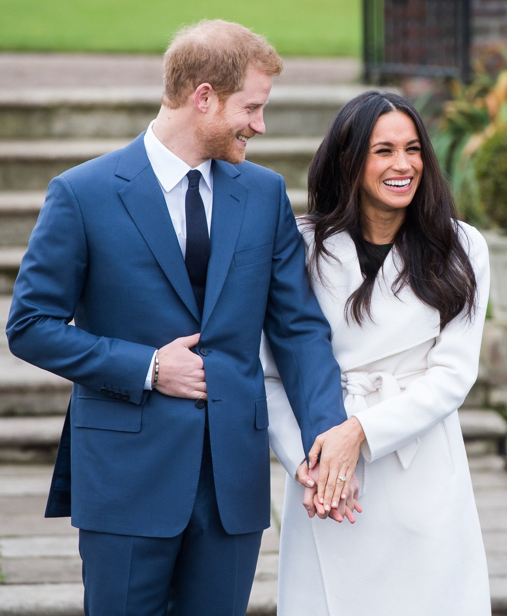 Prince Harry and Meghan Markle during an official photocall to announce their engagement at The Sunken Gardens at Kensington Palace in November 2017, in London, England. Photo: WireImage