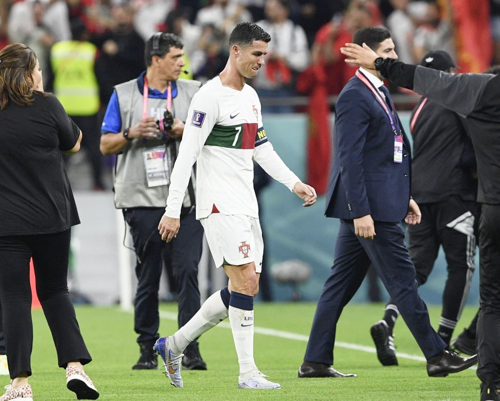 Portugal’s Cristiano Ronaldo leaves the pitch with tears streaming down his face after the team’s shock 1-0 defeat by Morocco. Photo: Kyodo Portugal’s Cristiano Ronaldo leaves the pitch with tears streaming down his face after the team’s shock 1-0 defeat by Morocco. Photo: Kyodo