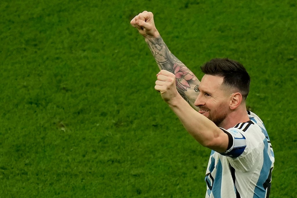 Argentina’s Lionel Messi celebrates after scoring his side’s opening goal during the World Cup final against France. Photo: AP