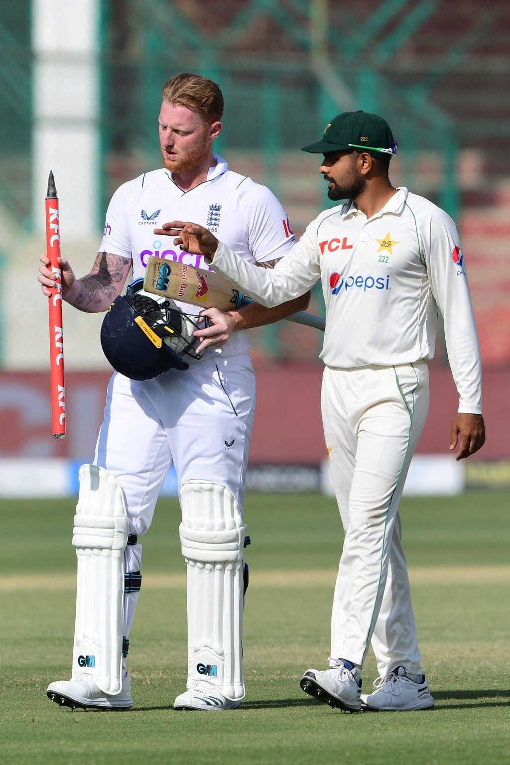 England’s captain Ben Stokes and Pakistan’s captain Babar Azam walk back at the end of third Test match between Pakistan and England at the National Stadium in Karachi. Photo: AFP England’s captain Ben Stokes and Pakistan’s captain Babar Azam walk back at the end of third Test match between Pakistan and England at the National Stadium in Karachi. Photo: AFP
