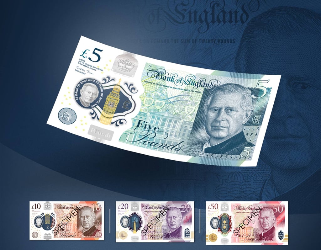 The new five, 10, 20 and 50 pound polymer bank notes feature a portrait of Charles on the front, as well as a cameo of him in the bank notes’ see-through security window. Photo: AFP