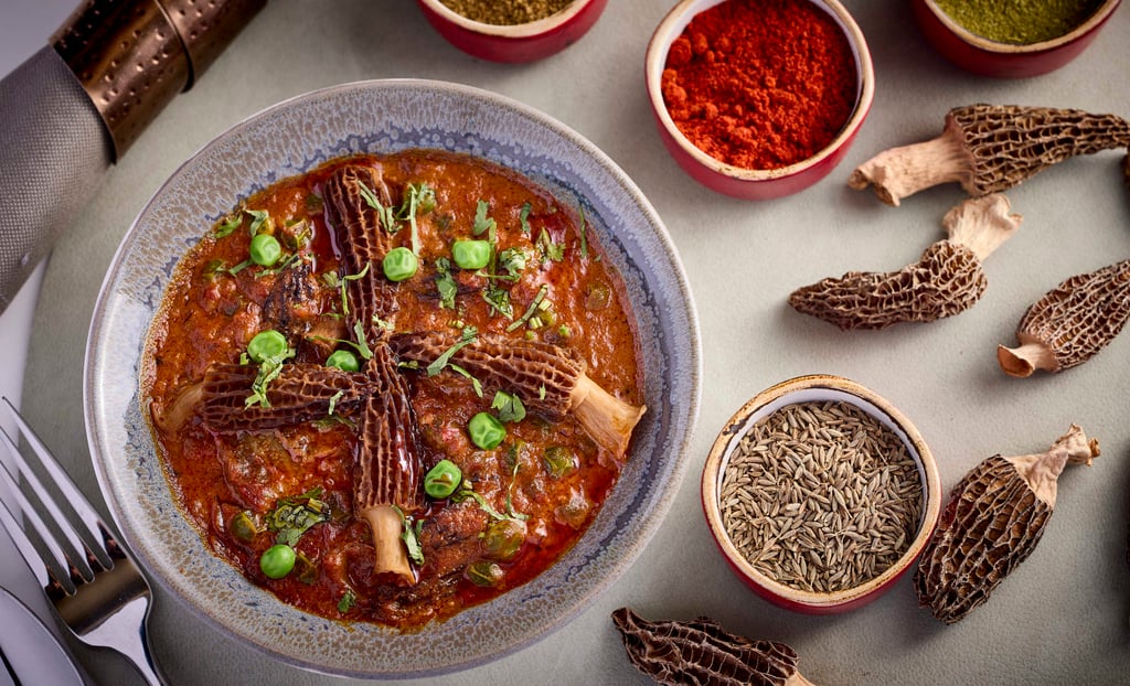 Bombay Dreams’ guchchi matar (morel mushroom slow-cooked with green peas, onions, tomatoes and garlic).