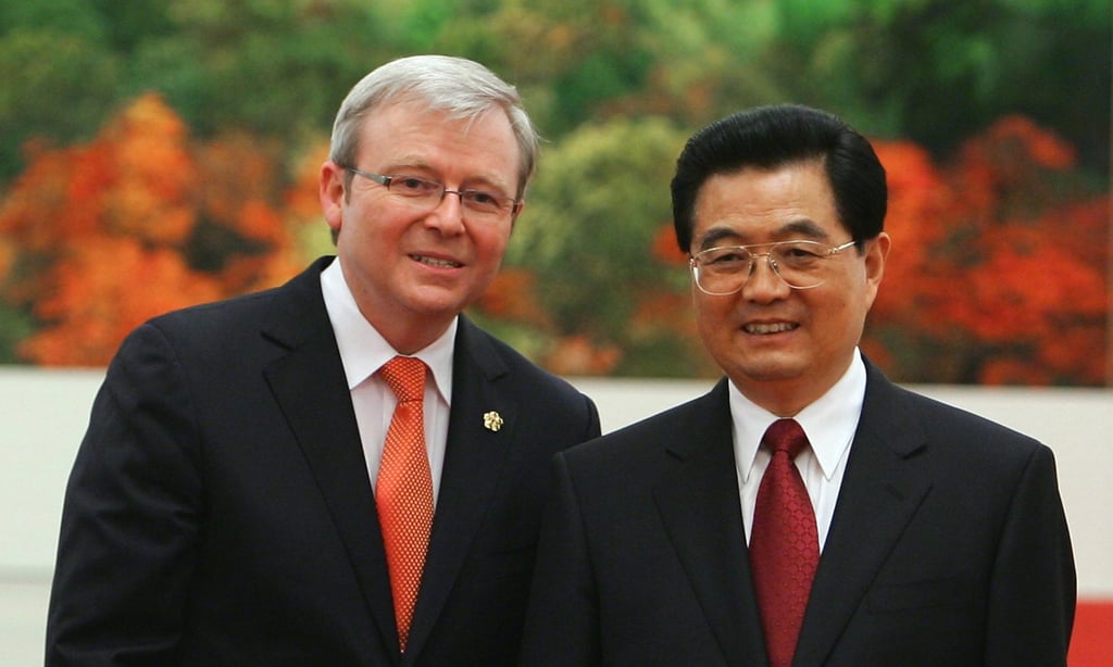 Then Australian PM Kevin Rudd (left) and Chinese President Hu Jintao (right) in Beijing in August 2008. Photo: AFP Then Australian PM Kevin Rudd (left) and Chinese President Hu Jintao (right) in Beijing in August 2008. Photo: AFP