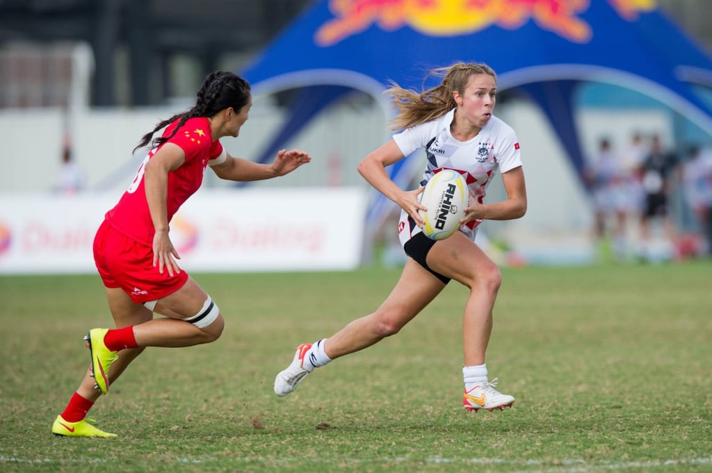 Sabay Lynam (right) made her first appearance at the Asia Rugby Sevens Series in the UAE. Photo: HKRU Sabay Lynam (right) made her first appearance at the Asia Rugby Sevens Series in the UAE. Photo: HKRU