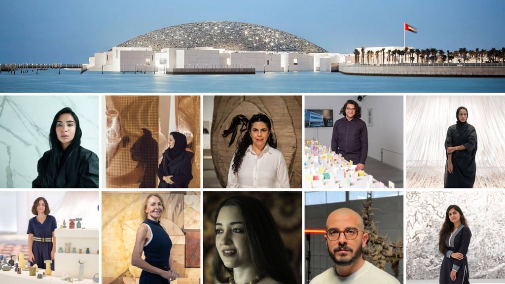 The artists are: Afra Al Dhaheri (Emirati, based in UAE), Aymen Zaydani (Saudi, based in KSA), Dana Awartani (Saudi-Palestinian, based in KSA), Elizabeth Dorazio (Brazilian, based in UAE), Manal Al Dowayan (Saudi, based in KSA), Rand Abdul Jabbar (Iraqi, based in UAE), Shaikha Al Mazrou (Emirati, based in UAE), Simrin Mehra Agarwal (Indian, based in UAE), Vikram Divecha (Indian, based in UAE), Zaineb Al Hashemi (Emirati, based in UAE). Photo: Department of Culture and Tourism Abu Dhabi