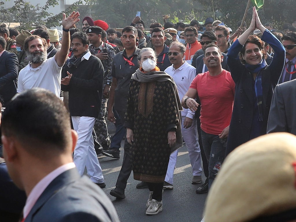 Indian Congress party senior leaders Rahul Gandhi (left), Sonia Gandhi (centre) and Priyanka Gandhi (right) during the “Bharat Jodo Yatra”, or “Unite India March”, in New Delhi on Saturday. Photo: EPA-EFE