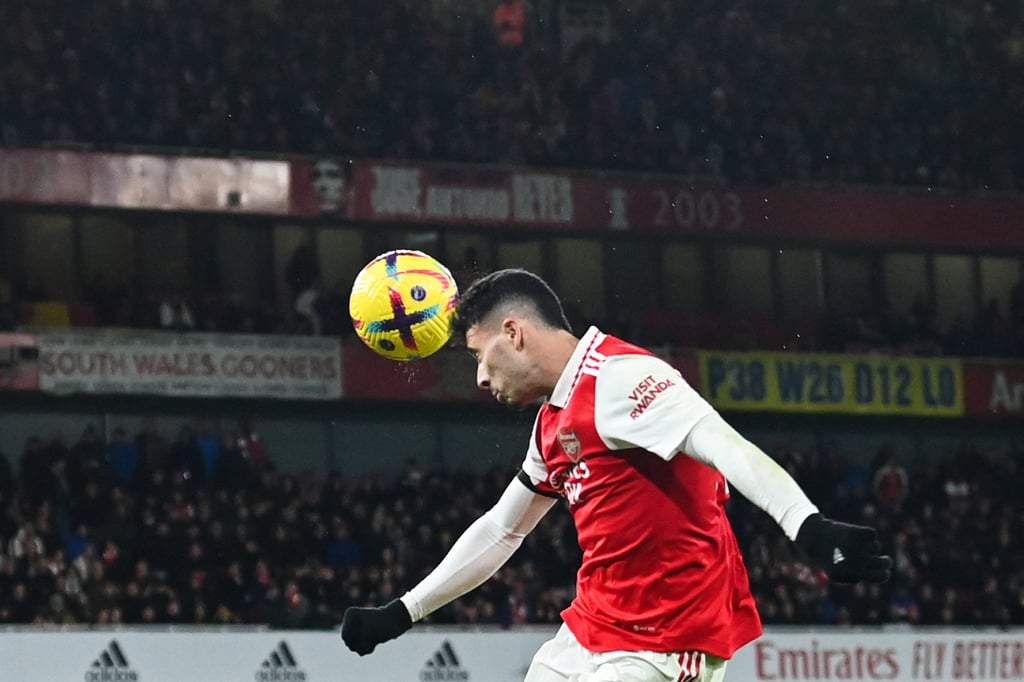 Arsenal midfielder Gabriel Martinelli heads the ball during the English Premier League football match against West Ham United. Photo: AFP