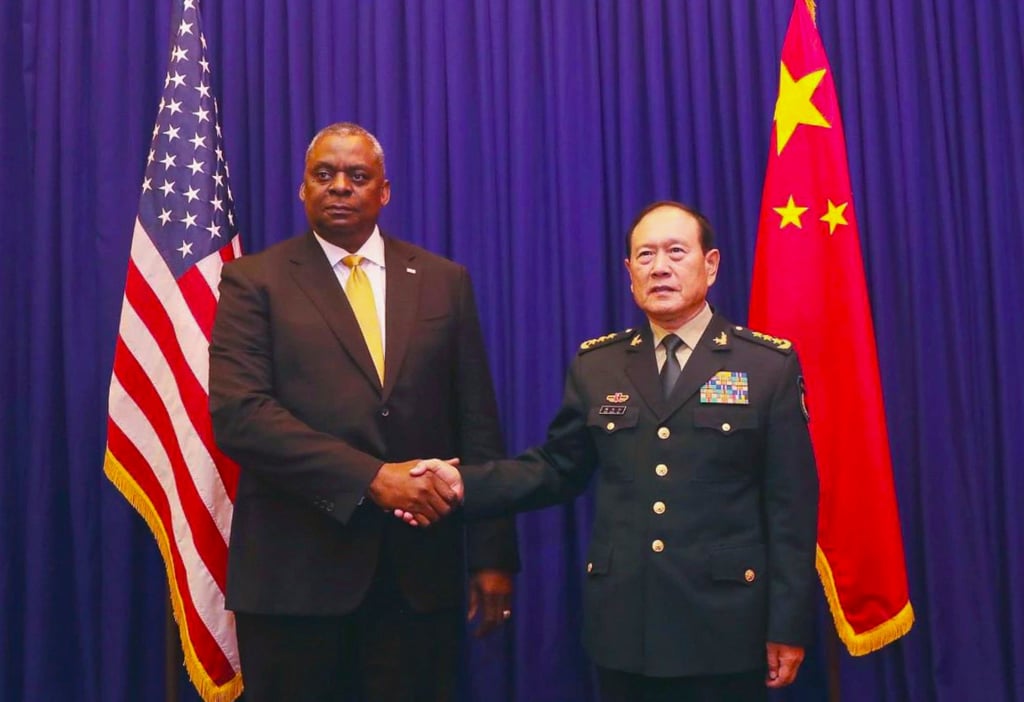Defence Minister Wei Fenghe and his US counterpart, Lloyd Austin, held talks in Cambodia on November 22. Photo: Twitter Defence Minister Wei Fenghe and his US counterpart, Lloyd Austin, held talks in Cambodia on November 22. Photo: Twitter
