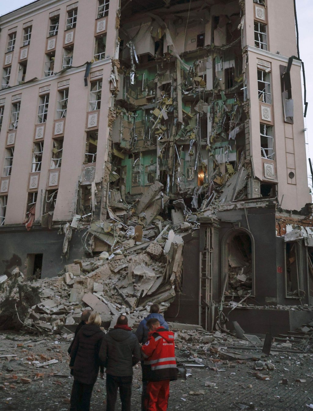 A damaged hotel in Ukraine’s capital Kyiv where a Japanese journalist was injured when the building was hit by a Russian missile on December 31, 2022. Photo: Kyodo/File