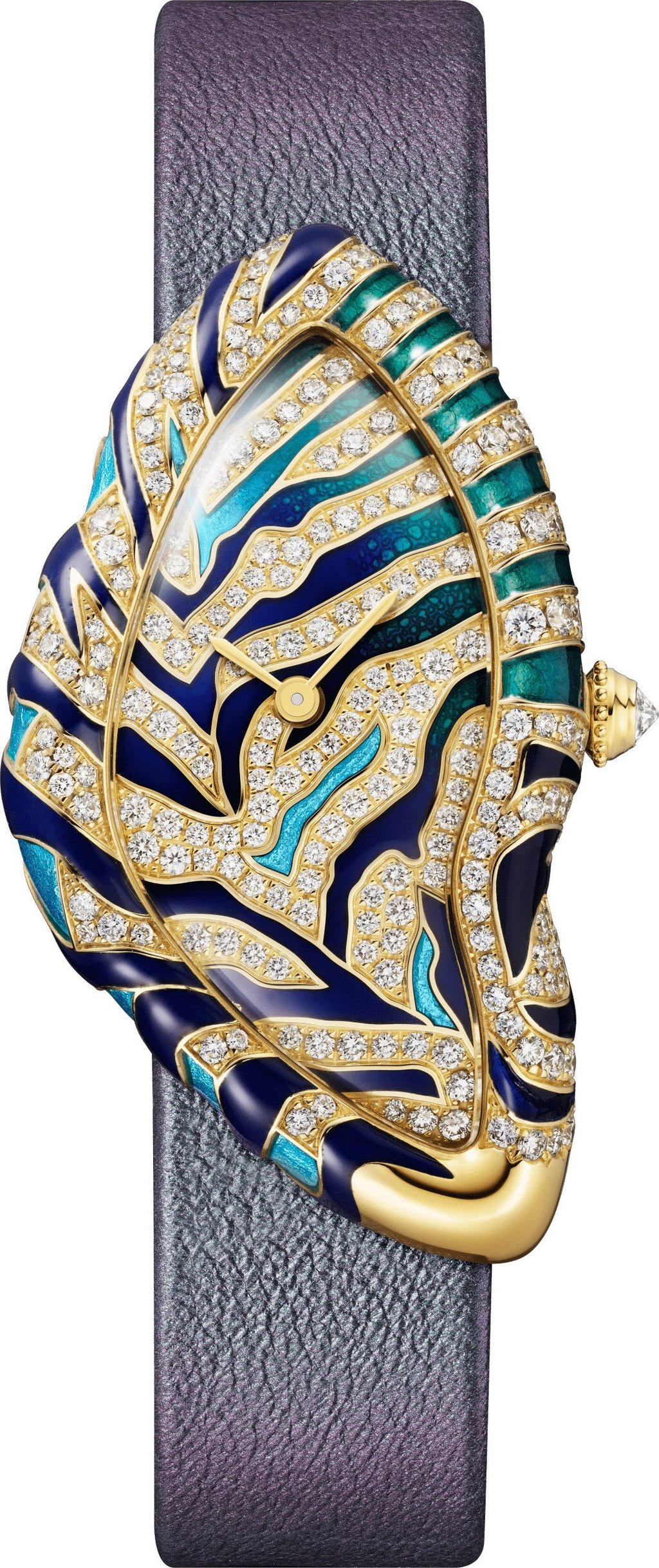 The eye-catching Cartier Crash Tigrée certainly stands out with its lines of set diamonds and an inverted pavilion diamond for the winding crown. Photo: Cartier